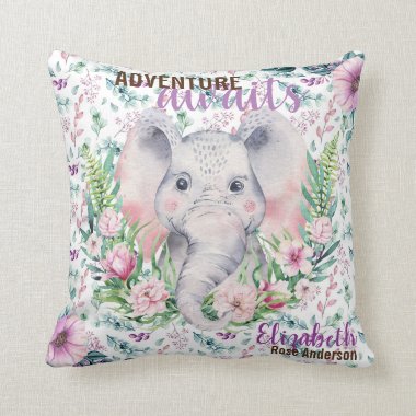 Adventure Awaits Baby Elephant Purple Floral Named Throw Pillow