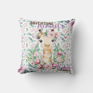 Adventure Awaits Baby GIRAFFE Purple Floral Named Throw Pillow