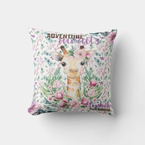 Adventure Awaits Baby GIRAFFE Purple Floral Named Throw Pillow