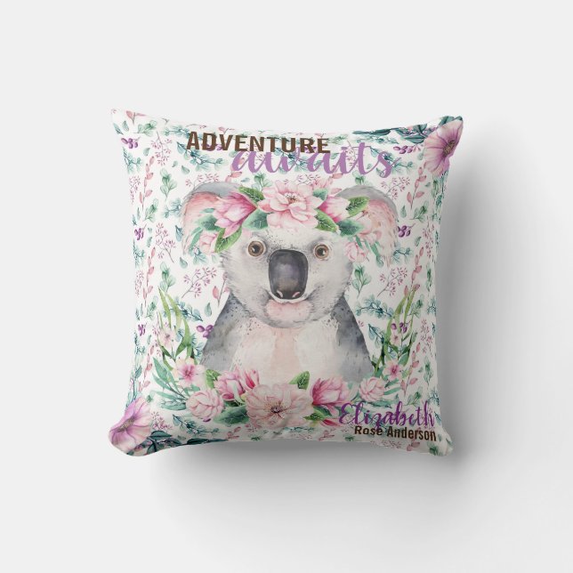 Adventure Awaits Baby KOALA BEAR Purple Floral Throw Pillow (Front)