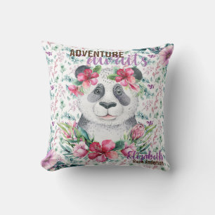Adventure Awaits Baby PANDA BEAR Purple Floral Throw Pillow