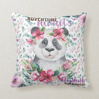 Adventure Awaits Baby PANDA BEAR Purple Floral Throw Pillow