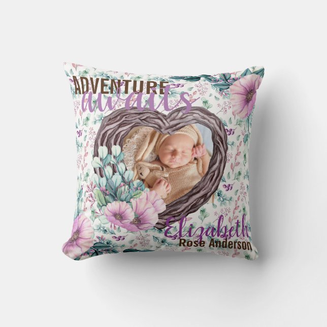 Adventure Awaits Baby Photo Birth Stats New Born Throw Pillow (Front)