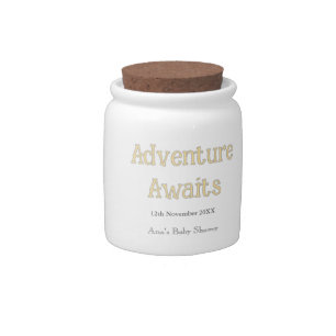 Adventure awaits baby shower add name date pastel candy jar
