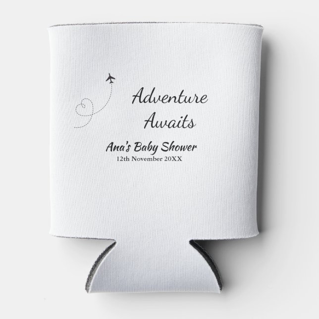 Adventure awaits baby shower add name date plane s can cooler (Front)