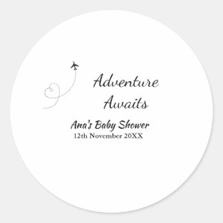 Adventure awaits baby shower add name date plane s classic round sticker