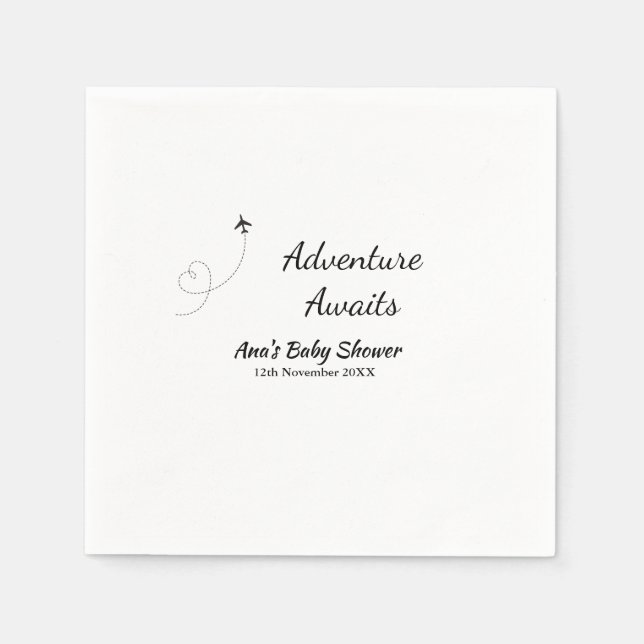 Adventure awaits baby shower add name date plane s napkins (Front)