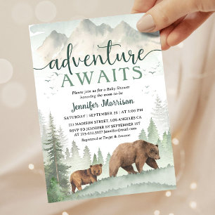 Adventure Awaits Baby Shower Bear Woodland Forest Invitation