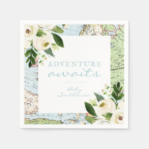 Adventure Awaits Baby Shower Floral Map Custom Nap Napkins