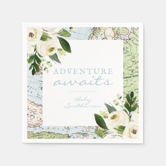 Adventure Awaits Baby Shower Floral Map Custom Nap Napkins (Front)