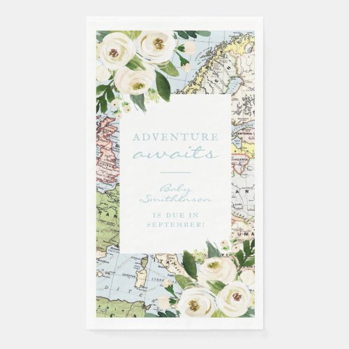 Adventure Awaits Baby Shower Floral Map Paper Guest Towels