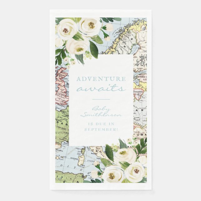 Adventure Awaits Baby Shower Floral Map Paper Guest Towels (Front)