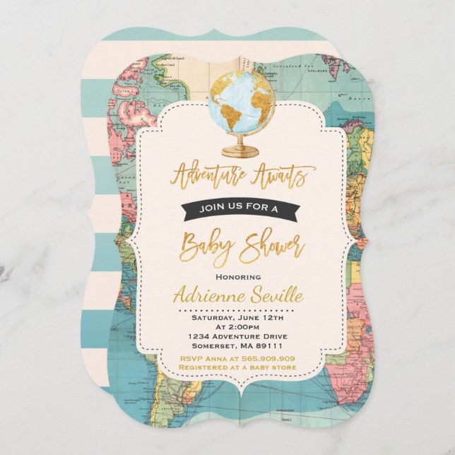 Adventure Awaits Baby Shower Invitation Map Shower (Front/Back)