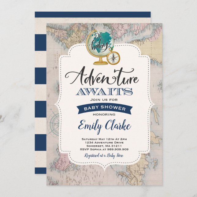 Adventure Awaits Baby Shower Invitation Map Shower (Front/Back)