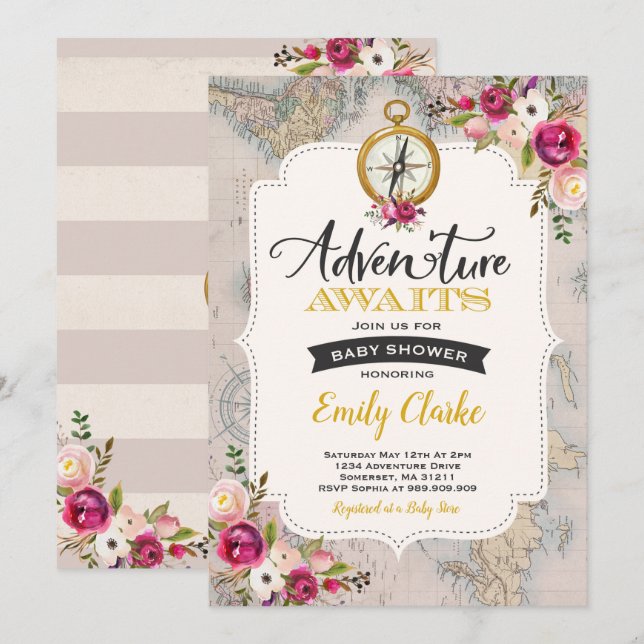Adventure Awaits Baby Shower Invitation Map Shower (Front/Back)