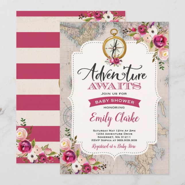 Adventure Awaits Baby Shower Invitation Map Shower (Front/Back)