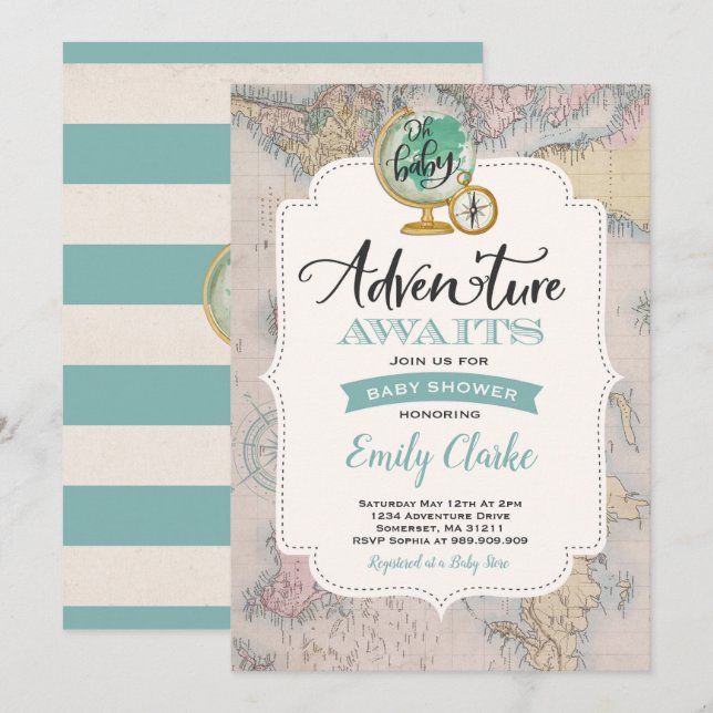 Adventure Awaits Baby Shower Invitation Map Shower (Front/Back)