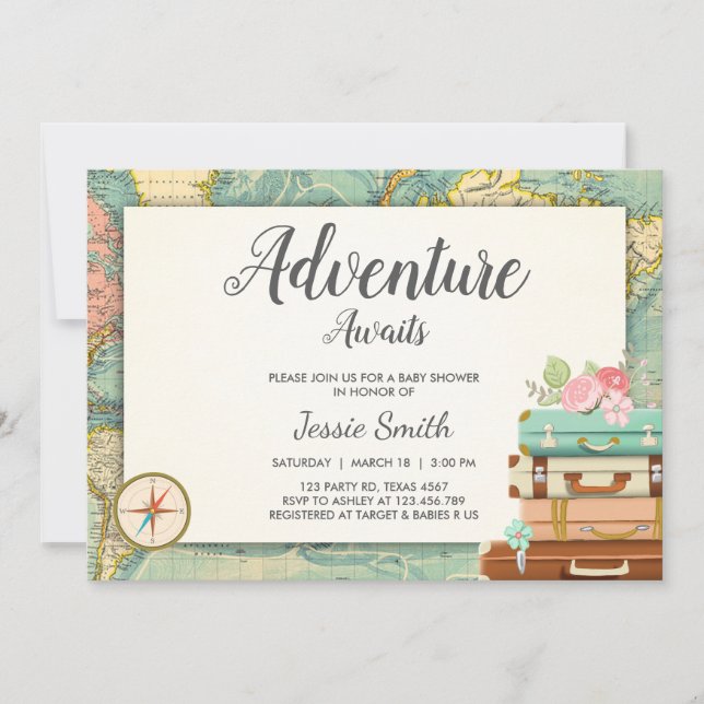 Adventure Awaits Baby shower invitation Travel Map (Front)