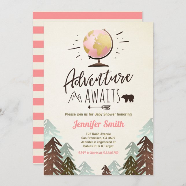 Adventure awaits Baby shower invite Vintage Girl (Front/Back)