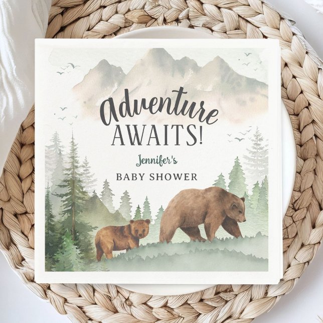 Adventure Awaits Baby Shower Woodland Bear Paper Napkins (Creator Uploaded)