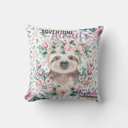 Adventure Awaits Baby SLOTH Purple Floral Named Throw Pillow