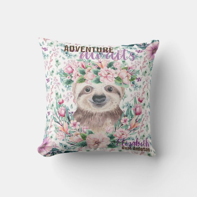 Adventure Awaits Baby SLOTH Purple Floral Named Throw Pillow (Front)