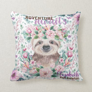 Adventure Awaits Baby SLOTH Purple Floral Named Throw Pillow