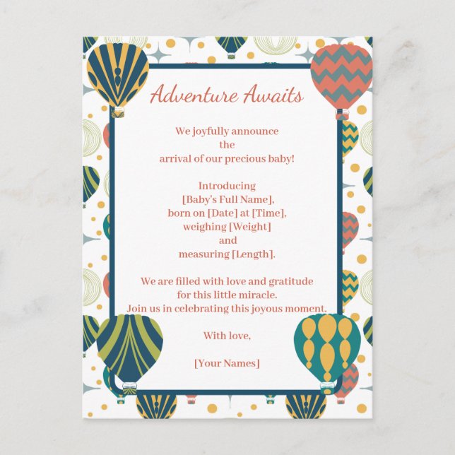 Adventure Awaits Balloon Birth Announcement Postcard (Front)
