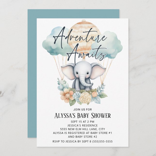 Adventure Awaits Balloon Elephant Blue Boy Invitation (Front/Back)