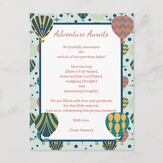 Adventure Awaits Balloon Sage Birth Announcement Postcard (Front)