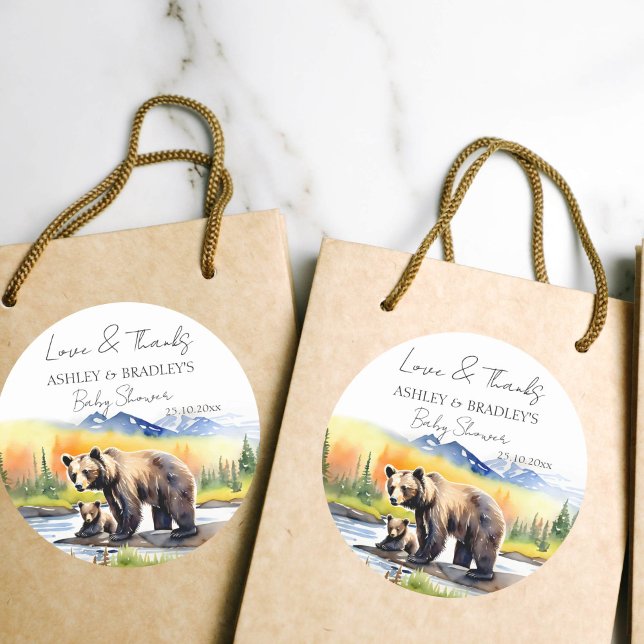 Adventure awaits bear baby shower thank you favors classic round sticker (Adventure awaits national parks themed baby shower favor gift thank you stickers bear cub mam bear )