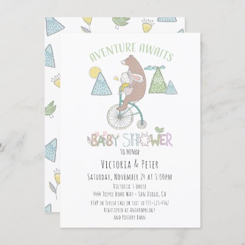 Adventure Awaits Bear Bunny Bike Baby Shower Invitation