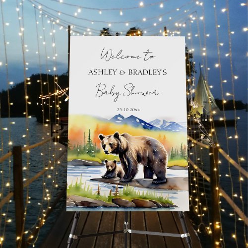 Adventure awaits bear cub baby shower welcome sign