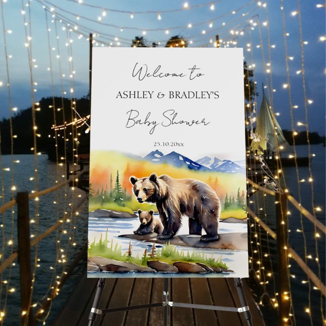 Adventure awaits bear cub baby shower welcome sign (Adventure awaits national parks themed baby shower welcome sign mam bear with cub Alaska wilderness)