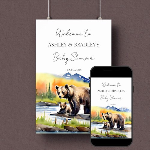 Adventure awaits bear cub baby shower welcome sign