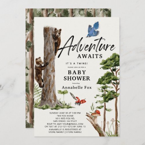Adventure Awaits Bear Cub Twins Forest Baby Shower Invitation