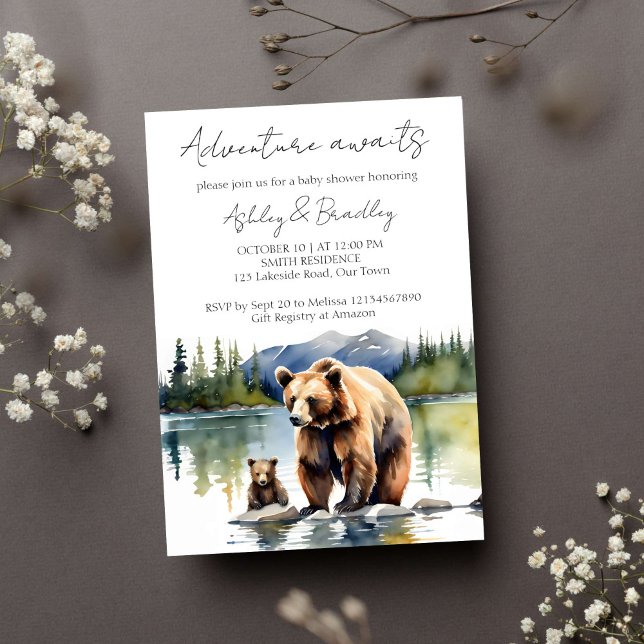 Adventure awaits bear cub with mom baby shower invitation (Adventure awaits national park themed baby shower template invitation instant download bear cub)