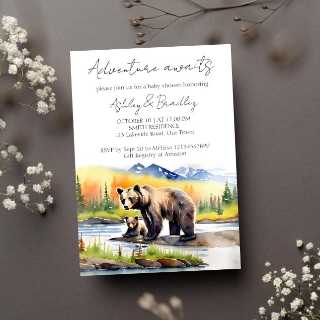 Adventure awaits bear cub with mom baby shower invitation (Adventure awaits Alaskan wilderness bear cub with mama bear baby shower template invitation download)