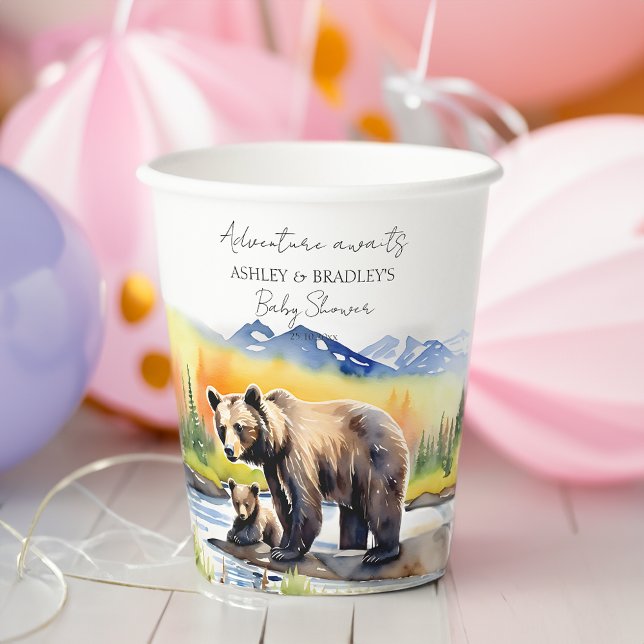 Adventure awaits bear cub with mom baby shower paper cups (Adventure awaits bear cub and mama bear baby shower tableware personalized paper cups watercolor)