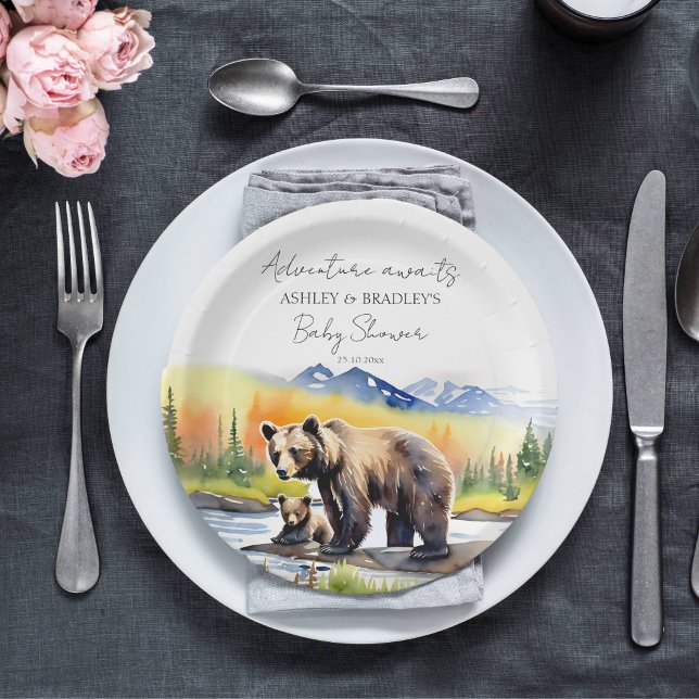 Adventure awaits bear cub with mom baby shower paper plates (Adventure awaits national parks themed baby shower tableware personalized plates cute mam bear cub)