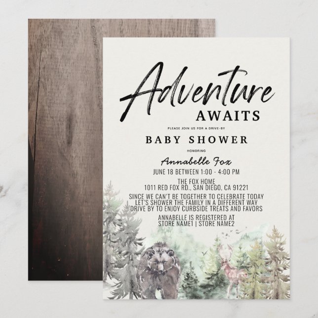 Adventure Awaits Bear Drive-by Baby Shower Invitation (Front/Back)
