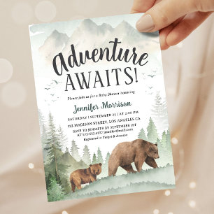 Adventure Awaits Bear Forest Woodland Baby Shower Invitation
