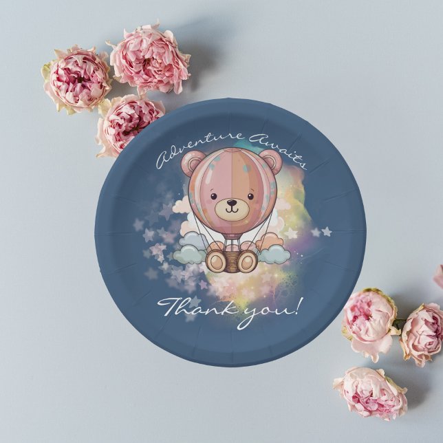 Adventure Awaits Bear Hot Air Balloon Baby Shower Paper Plates (Creator Uploaded)