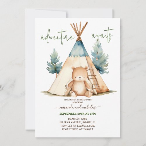 Adventure awaits bear in the tent baby boy shower invitation
