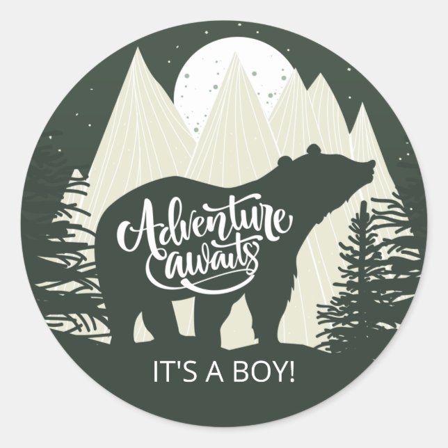 Adventure Awaits Bear It's A Boy Classic Round Sticker (Front)