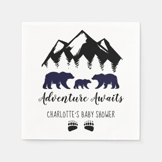 Set of 25 Adventure Awaits Trees Mountain Baby Shower Adventure Begins Personalized Cocktail Napkins