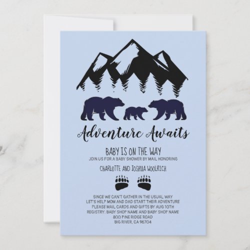 Adventure Awaits Bears Blue Baby Shower By Mail Invitation