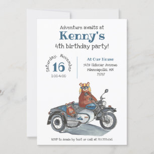 Adventure Awaits Bears Motorcycle Kids Birthday Invitation