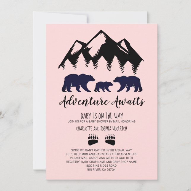 Adventure Awaits Bears Pink Baby Shower By Mail Invitation (Front)