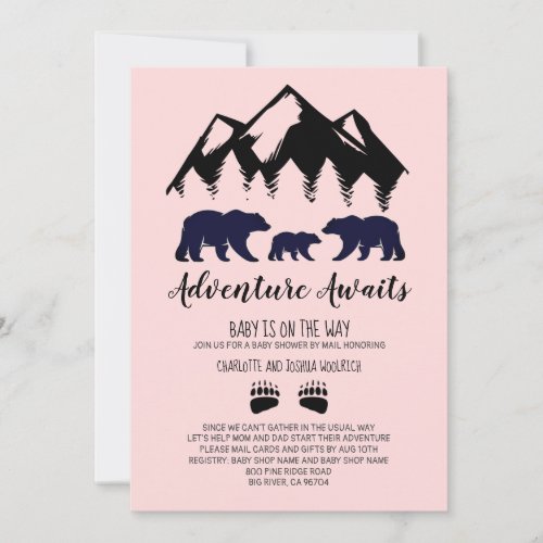Adventure Awaits Bears Pink Baby Shower By Mail Invitation
